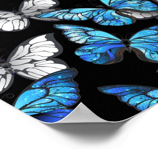 Dunkles Nahtloses Muster mit blauen Schmetterlinge Poster (Ecke)