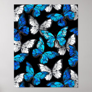Dunkles nahtloses Muster mit blauen Schmetterlinge Poster