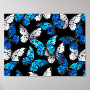 Dunkles nahtloses Muster mit blauen Schmetterlinge Poster