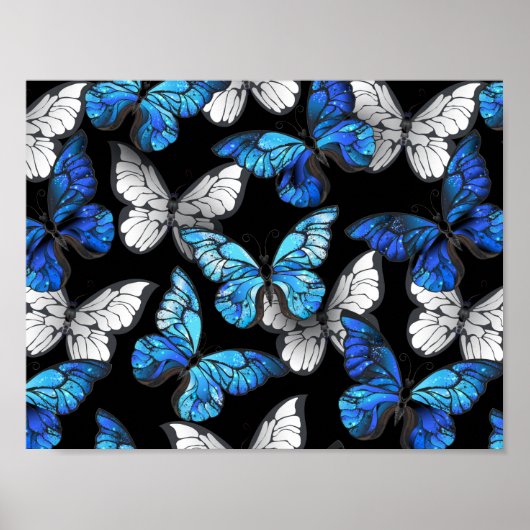 Dunkles Nahtloses Muster mit blauen Schmetterlinge Poster (Vorne)