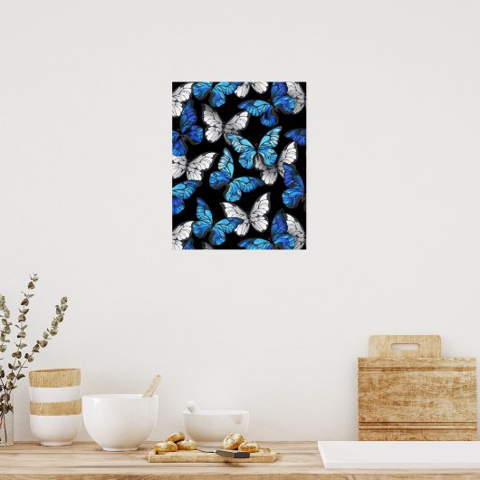 Dunkles Nahtloses Muster mit blauen Schmetterlinge Poster (Küche)