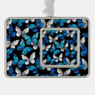 Dunkles Nahtloses Muster mit blauen Schmetterlinge Rahmen-Ornament Silber