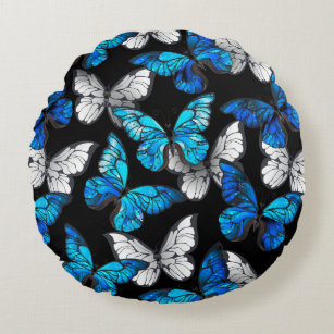Dunkles Nahtloses Muster mit blauen Schmetterlinge Rundes Kissen