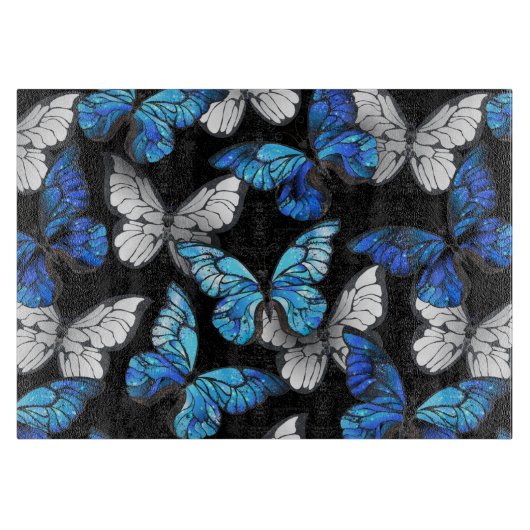 Dunkles Nahtloses Muster mit blauen Schmetterlinge Schneidebrett (Vorderseite)