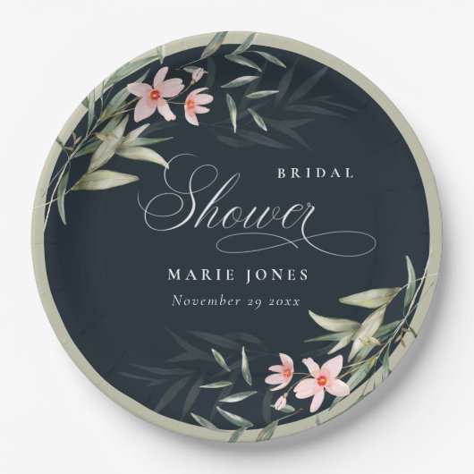 Dunkles Navy Blush Greenery Bloral Brautparty Pappteller (Vorderseite)