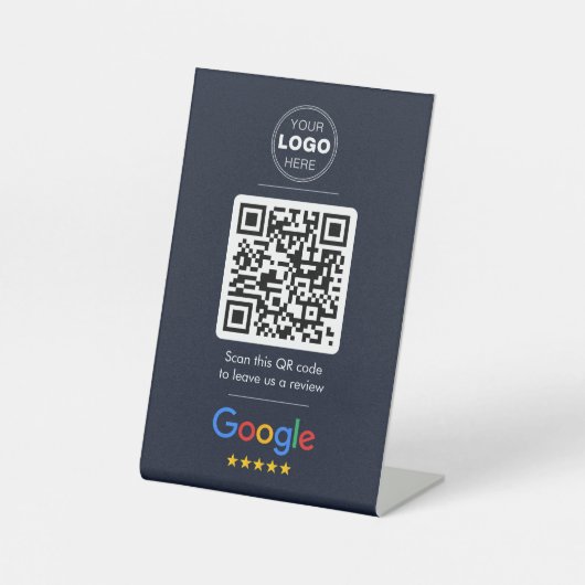 Dunkles Navy Google Review QR Code Logo Sockelschild (Vorderseite)