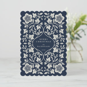 Dunkles Navy und cremefarbene Holzschnitt-Winter-B Feiertagskarte