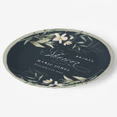 Dunkles Navy Weiß Greenery Blumengebirge Brautpart Pappteller (Schrägansicht)