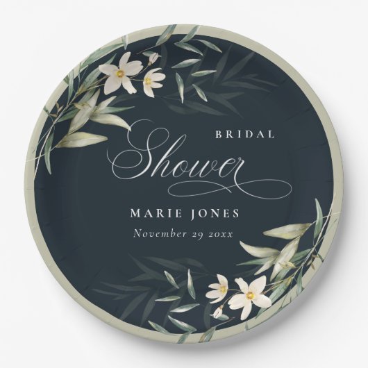 Dunkles Navy Weiß Greenery Blumengebirge Brautpart Pappteller (Vorderseite)