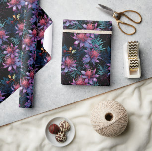 Dunkles neon-tropisches violettes Blumenmuster Geschenkpapier
