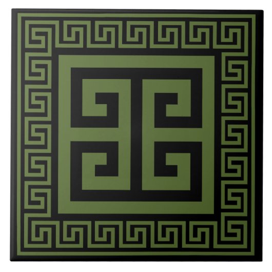 Dunkles Olive-Grün mit griechischem Key auf schwar Fliese (Vorderseite)