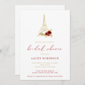 Dunkles Red & Gold Floral Eiffel Tower Brautparty Einladung (Vorne/Hinten)