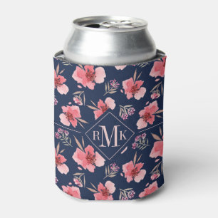 Dunkles rosa Aquarell-Muster des Monogramm-  Dosenkühler