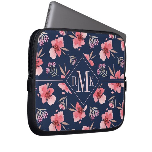 Dunkles rosa Aquarell-Muster des Monogramm-| Laptopschutzhülle (Vorne Rechts)