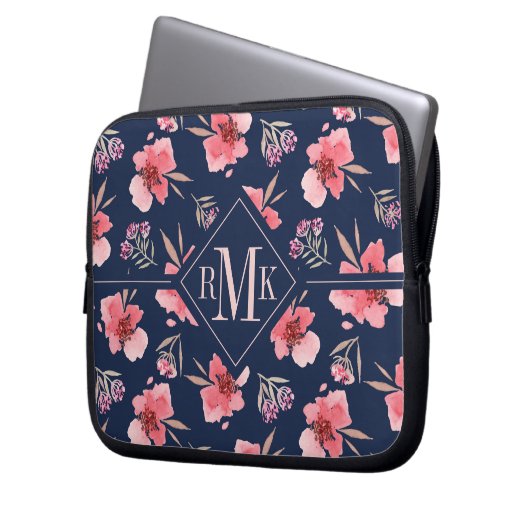 Dunkles rosa Aquarell-Muster des Monogramm-| Laptopschutzhülle (Vorderseite Links)