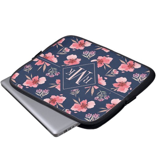 Dunkles rosa Aquarell-Muster des Monogramm-| Laptopschutzhülle (Vorne Knopf)