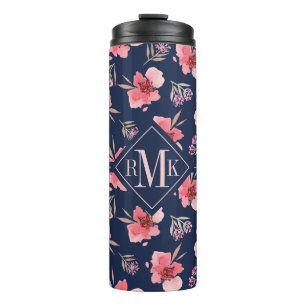 Dunkles rosa Aquarell-Muster des Monogramm-  Thermosbecher