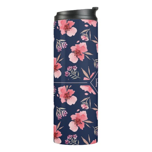 Dunkles rosa Aquarell-Muster des Monogramm-| Thermosbecher (Nach links gedreht)