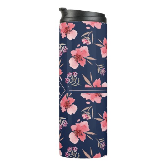 Dunkles rosa Aquarell-Muster des Monogramm-| Thermosbecher (Nach rechts gedreht)