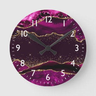 Dunkles Rosa & falsches Gold Glitter Achat Runde Wanduhr