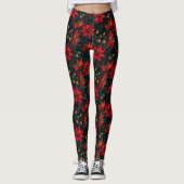 Dunkles rotes Weihnachtsblumenmuster Leggings (Vorderseite)