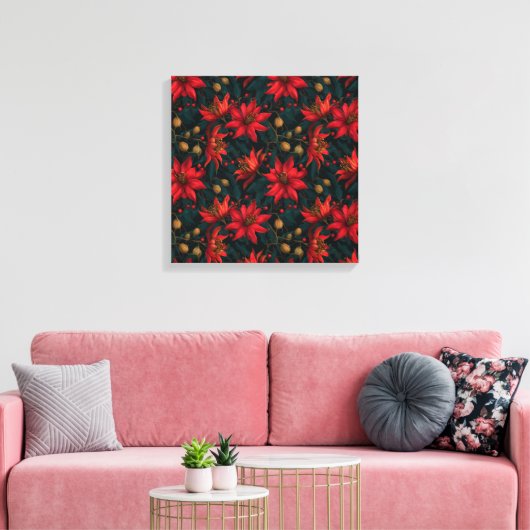 Dunkles rotes Weihnachtsblumenmuster Leinwanddruck (Insitu (Wohnzimmer))