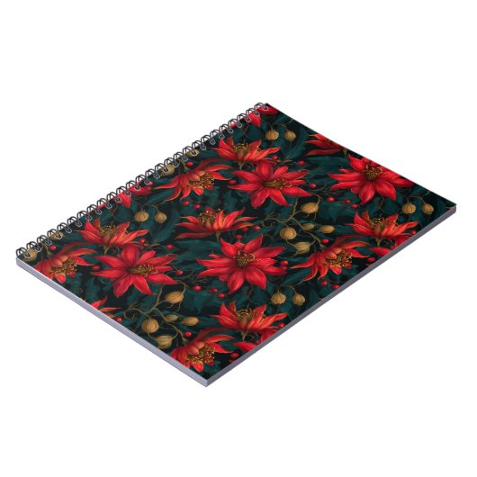 Dunkles rotes Weihnachtsblumenmuster Notizblock (Linke Seite)