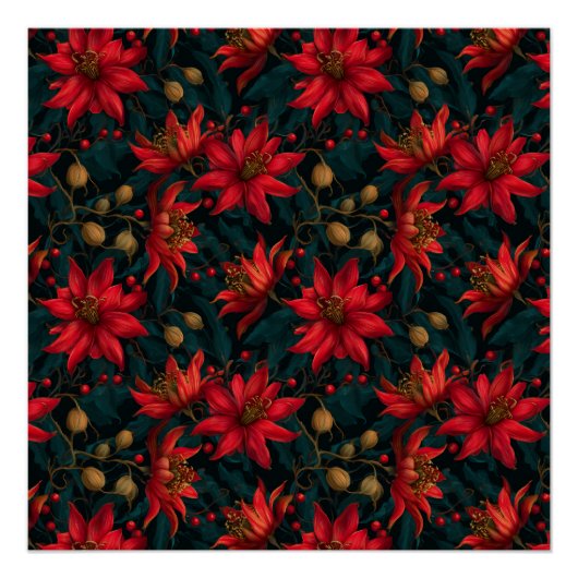 Dunkles rotes Weihnachtsblumenmuster Poster (Vorderseite)