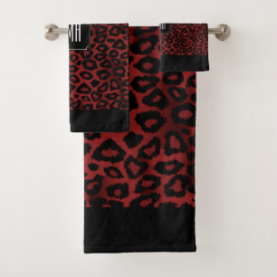 Dunkles Rotmaroon Leopard Tiermuster Badhandtuch Set