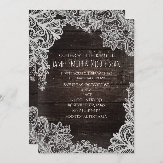 Dunkles Rustikales Holz und elegante Spitzen Einla Einladung (Vorne/Hinten)