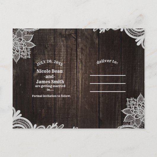 Dunkles Rustikales Holz und elegante Spitzen Save  Ankündigungspostkarte (Rückseite)