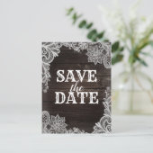 Dunkles Rustikales Holz und elegante Spitzen Save  Ankündigungspostkarte (Stehend Vorderseite)