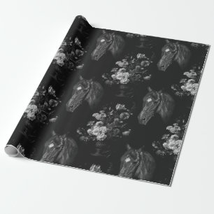Dunkles Schwarzes Elegantes Vintage Pferd Floral Geschenkpapier