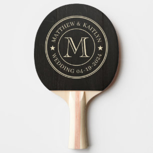 Dunkles Schwarzes Holz Hochzeits-Monogramm Stern Tischtennis Schläger