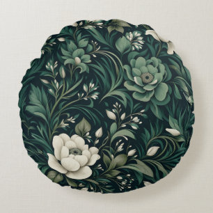 Dunkles Smaragdgrün Floral Rundes Kissen