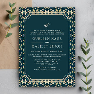 Dunkles Teal Beige Ikat Anand Karaj Sikh Hochzeit Einladung