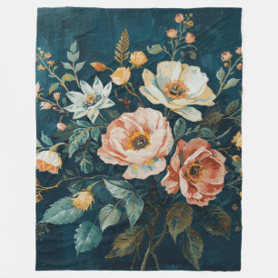 Dunkles Teal Blau Orange Vintage Cottagecore Flora Fleecedecke
