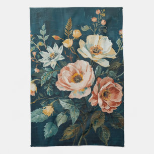 Dunkles Teal Blau Orange Vintage Cottagecore Flora Geschirrtuch