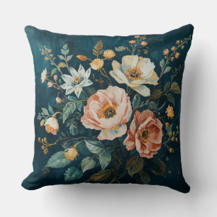 Dunkles Teal Blau Orange Vintage Cottagecore Flora Kissen