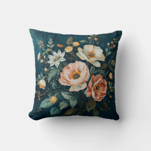 Dunkles Teal Blau Orange Vintage Cottagecore Flora Kissen
