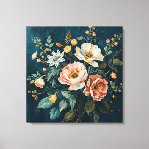 Dunkles Teal Blau Orange Vintage Cottagecore Flora Leinwanddruck