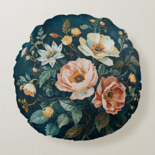 Dunkles Teal Blau Orange Vintage Cottagecore Flora Rundes Kissen