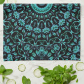 Dunkles Teal-Blumen-Noir-Mandala Geschirrtuch (Gefaltet)