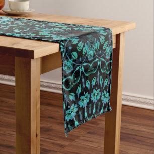 Dunkles Teal-Blumen-Noir-Mandala Mittelgroßer Tischläufer