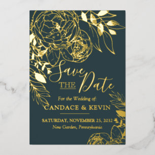 Dunkles Teal & Gold Moderne Florale Peony Save-the Folieneinladung