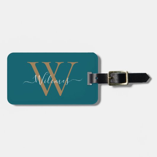 Dunkles Teal-Gold-Monogramm-Skript Stylischer Name Gepäckanhänger (Vorderseite horizontal)