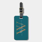 Dunkles Teal-Gold-Monogramm-Skript Stylischer Name Gepäckanhänger (Vorderseite vertikal)
