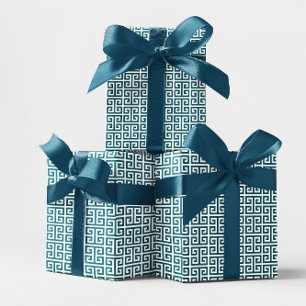 Dunkles Teal-und-weiß-Griechisches-Schlüssel-Muste Geschenkpapier