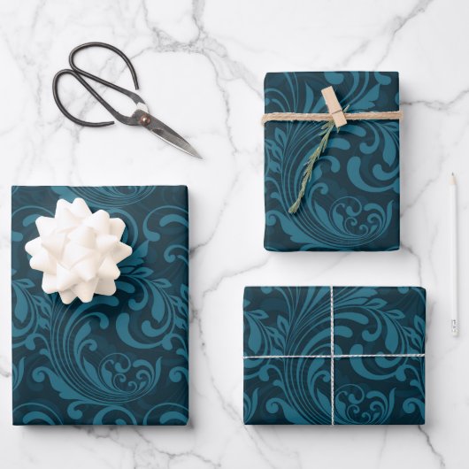 Dunkles Türkis-Blumendamaskus-Muster Geschenkpapier Set (Vorderseite)