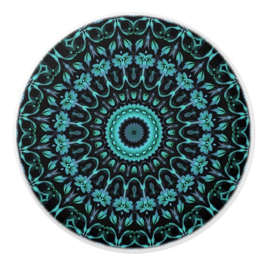 Dunkles Türkis Florales Mandala Keramikknauf (Vorderseite)
